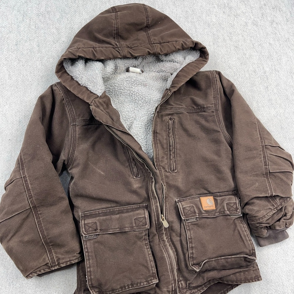 Vintage Carhartt Youth Small Brown Sherpa Lined Hooded C95 DKB Boys Chore Winter - Picture 3 of 12